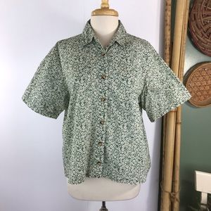 Orvis Womens Blouse Green White Plumeria Floral